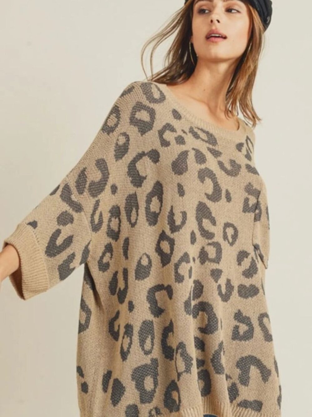 Chic Soul I Leopard Pocket Sweater - Taupe & Charcoal